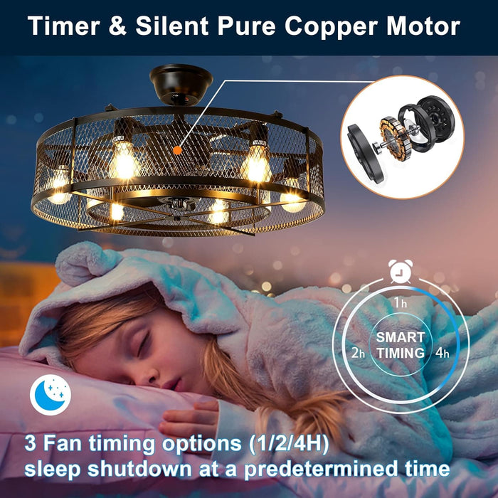 26 in. Caged Farmhouse Industrial Ceiling Fan with Lights, Matte Black Indoor Outdoor Flush Mount Ceiling Fan with Remote-5-ErisView