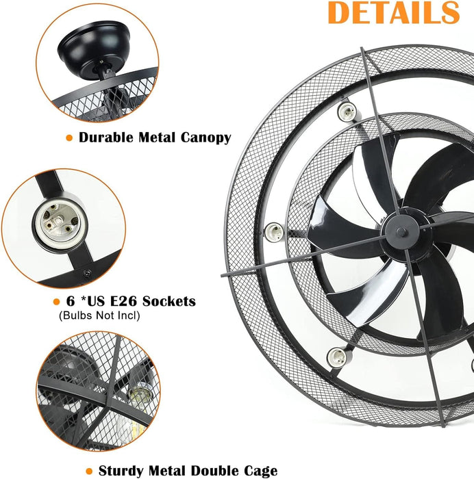 26 in. Caged Farmhouse Industrial Ceiling Fan with Lights, Matte Black Indoor Outdoor Flush Mount Ceiling Fan with Remote-6-ErisView