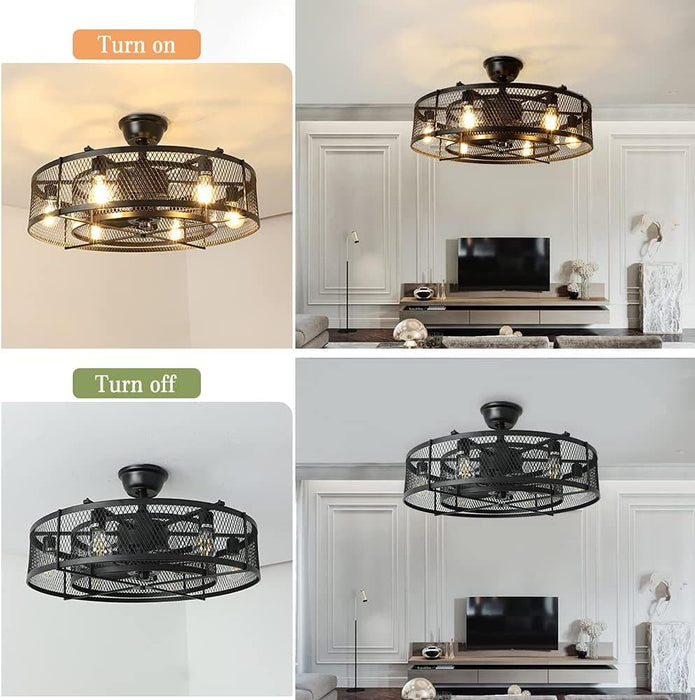 26 in. Caged Farmhouse Industrial Ceiling Fan with Lights, Matte Black Indoor Outdoor Flush Mount Ceiling Fan with Remote-7-ErisView