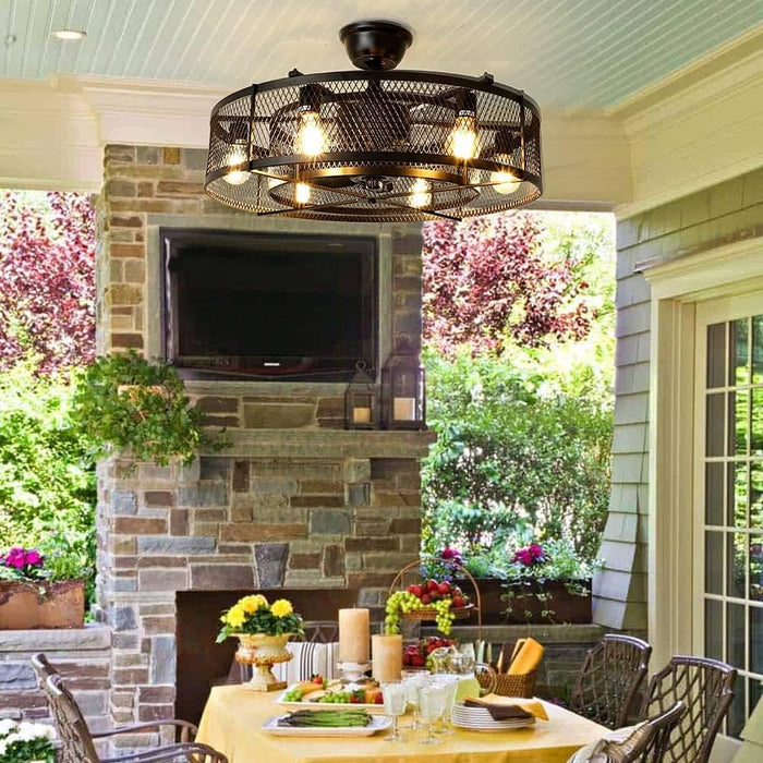 26 in. Caged Farmhouse Industrial Ceiling Fan with Lights, Matte Black Indoor Outdoor Flush Mount Ceiling Fan with Remote-9-ErisView