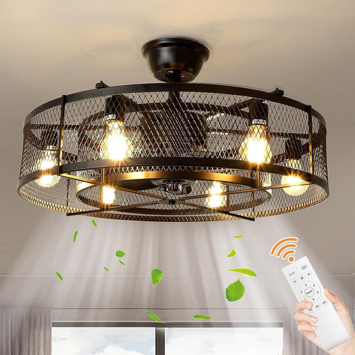 26 in. Caged Farmhouse Industrial Ceiling Fan with Lights, Matte Black Indoor Outdoor Flush Mount Ceiling Fan with Remote-1-ErisView