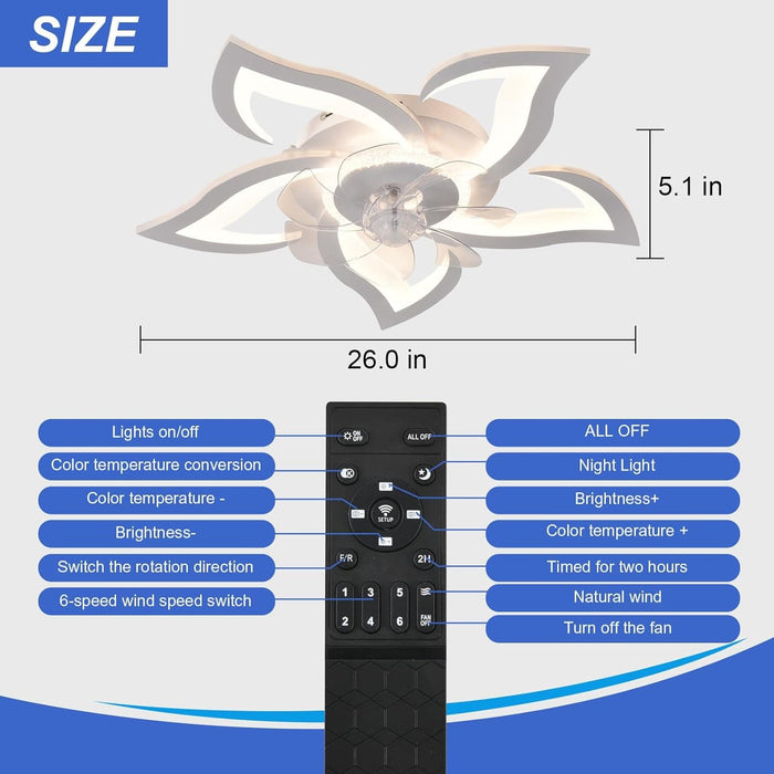 26 in. Geometric Remote Control Ceiling Fan and Light, White Low Profile Flush Mount Ceiling Fan for Kitchen Bedroom Living Room-8-ErisView