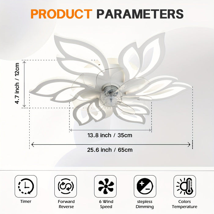 26 in. Modern Flower-Shaped Ceiling Fan with LED Light Remote Control, Low Profile Flush Mount Ceiling Fan, Smart Dimmable Bladeless Ceiling Fan-ErisView