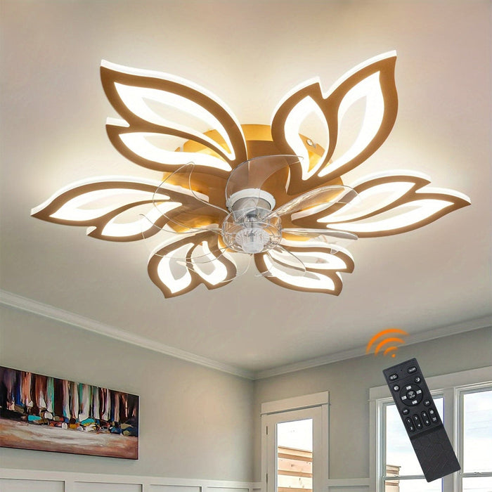 26 in. Modern Flower-Shaped Ceiling Fan with LED Light Remote Control, Low Profile Flush Mount Ceiling Fan, Smart Dimmable Bladeless Ceiling Fan-Gold-ErisView