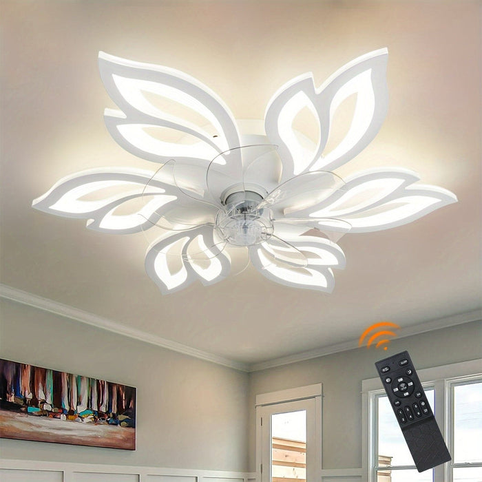 26 in. Modern Flower-Shaped Ceiling Fan with LED Light Remote Control, Low Profile Flush Mount Ceiling Fan, Smart Dimmable Bladeless Ceiling Fan-White-ErisView