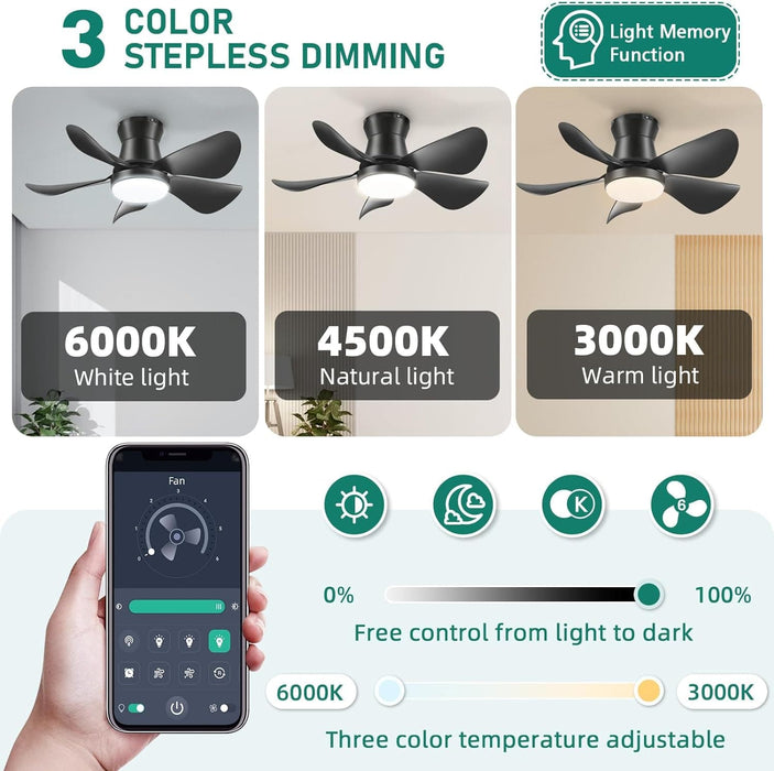 26 in. Outdoor Low Profile Flush Mount for Patio, Remote Control Ceiling Fan and Light APP Control, Indoor Ceiling Fan for Kitchen Bedroom-2-ErisView