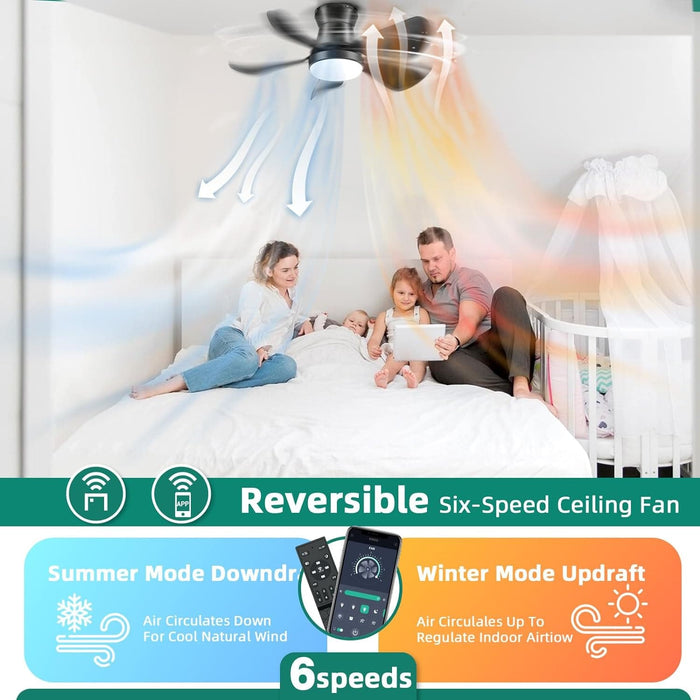 26 in. Outdoor Low Profile Flush Mount for Patio, Remote Control Ceiling Fan and Light APP Control, Indoor Ceiling Fan for Kitchen Bedroom-3-ErisView