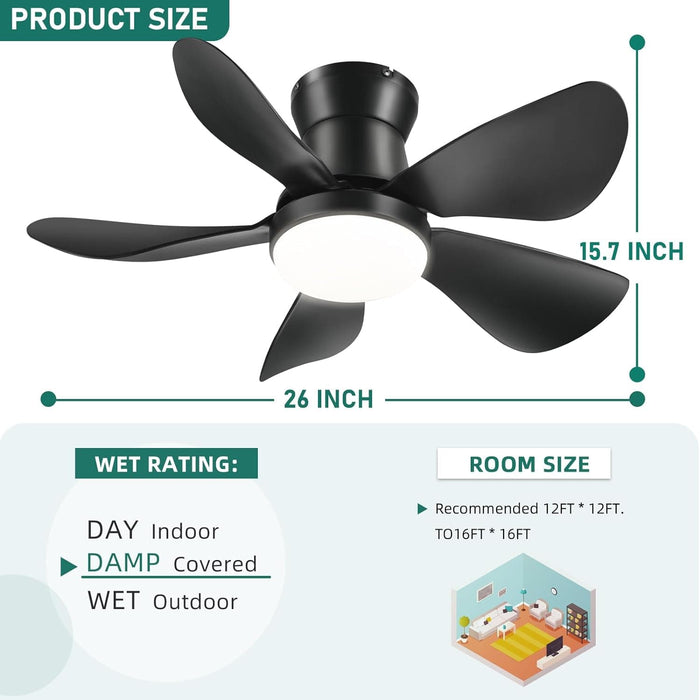 26 in. Outdoor Low Profile Flush Mount for Patio, Remote Control Ceiling Fan and Light APP Control, Indoor Ceiling Fan for Kitchen Bedroom-7-ErisView