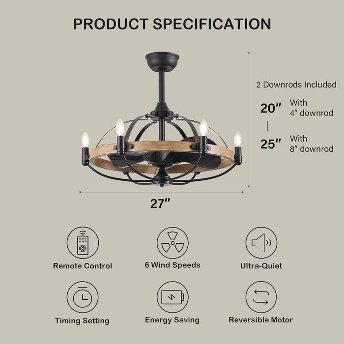27 in. Farmhouse Ceiling Fan with Light Remote, Vintage Chandelier Ceiling Fan for Kitchen Dining Room Living Room-2-ErisView