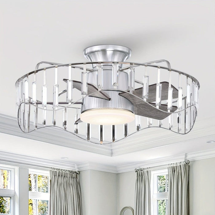 27 in. Low Profile LED Flush Mount Ceiling Fan with Remote, Round Indoor Sliver Ceiling Fan-ErisView