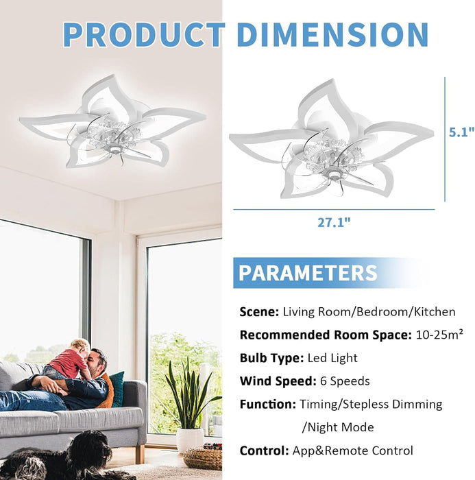 27 in. White Modern Ceiling Fan, Dimmable Remote Ceiling Fan with Light Remote APP Control, Small Flush Mount Ceiling Fans with LED Light-6-ErisView