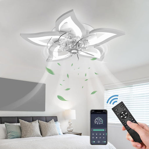 27 in. White Modern Ceiling Fan, Dimmable Remote Ceiling Fan with Light Remote APP Control, Small Flush Mount Ceiling Fans with LED Light-1-ErisView