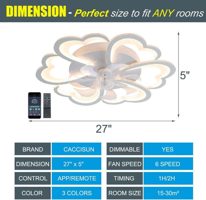 27 in. White Smart Ceiling Fan with Light and Remote, Modern Low Profile Flush Mount Enclosed Ceiling Fan for Bedroom Living Room Kitchen Kids Room-2-ErisView