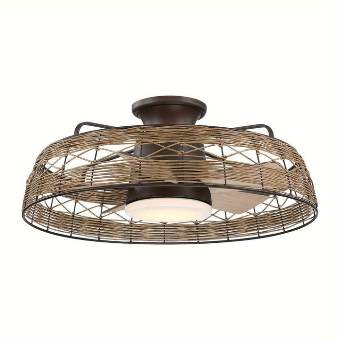 27.4 in. 5-Blade Flush Mount Ceiling Fan with LED Light Remote Rattan Shade-ErisView