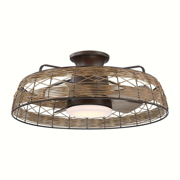 27.4 in. 5-Blade Flush Mount Ceiling Fan with LED Light Remote Rattan Shade-ErisView