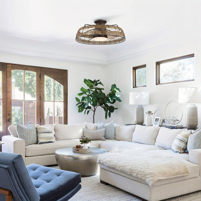 27.4 in. 5-Blade Flush Mount Ceiling Fan with LED Light Remote Rattan Shade-ErisView