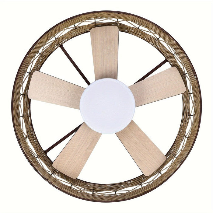 27.4 in. 5-Blade Flush Mount Ceiling Fan with LED Light Remote Rattan Shade-ErisView