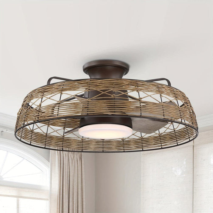 27.4 in. 5-Blade Flush Mount Ceiling Fan with LED Light Remote Rattan Shade-ErisView