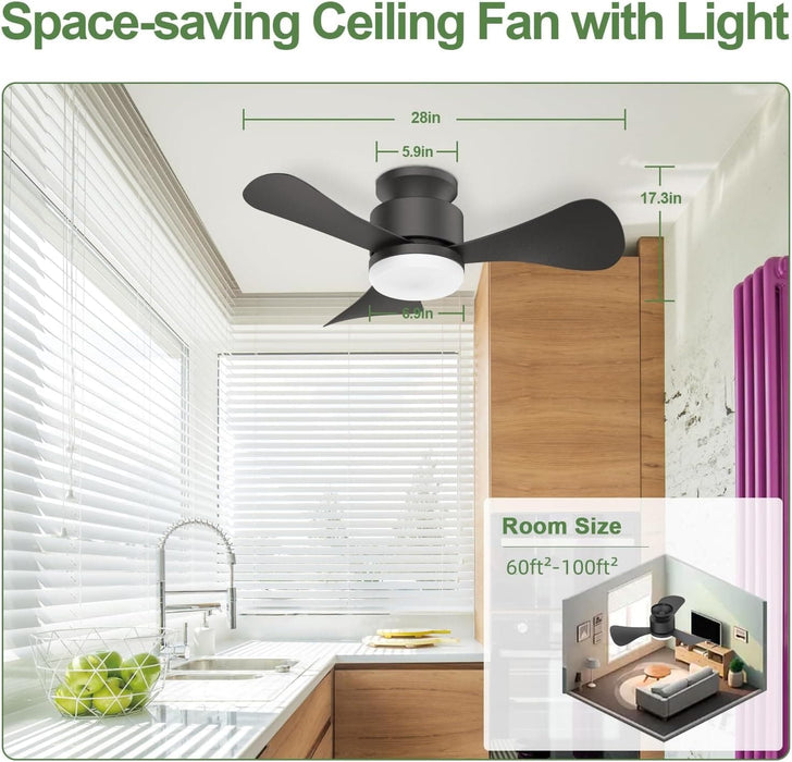 28 in. Small Low Profile Flush Mount Ceiling Fan with Remote, Black Ceiling Fan with Light, Reversible Quiet Ceiling Fans for Bedroom Kitchen Living Room-3-ErisView
