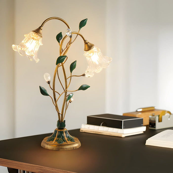 2 Lights Dimmable Glass Flowers Floral Table Lamp with Green Leaves