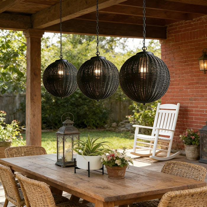 Weatherproof Rattan Outdoor Pendant, Retro Black Lantern for Patio/Porch/Yard, Adjustable Hanging