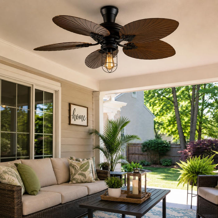52 in. Outdoor Flush Mount Palm Leaf Ceiling Fans with Lights and Remote