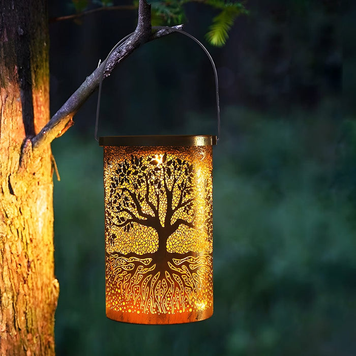 Portable Iron Hollow Tree Projection Waterproof Retro Hanging Solar Lanterns