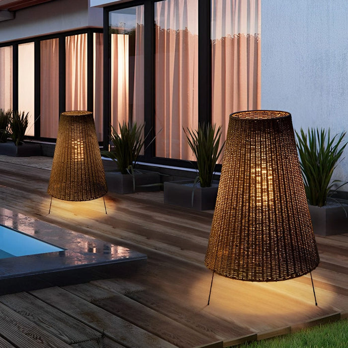 37'' Rustic Tripod Hand Woven Rattan Floor Lamp Outdoor Waterproof Three-leg Standing Lamp