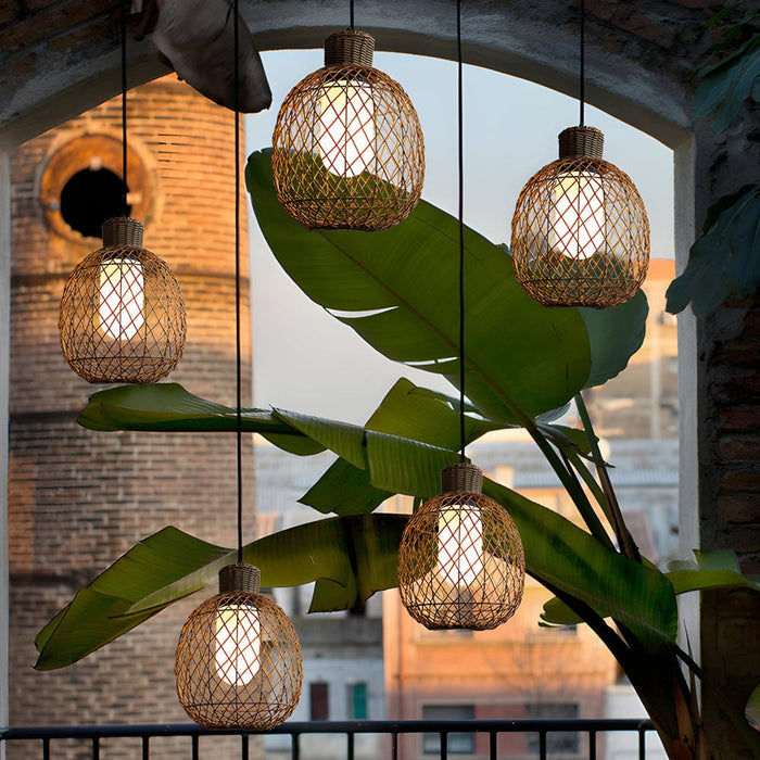 Waterproof Lantern Rattan Shade 10W LED Modern Outdoor Chandelier