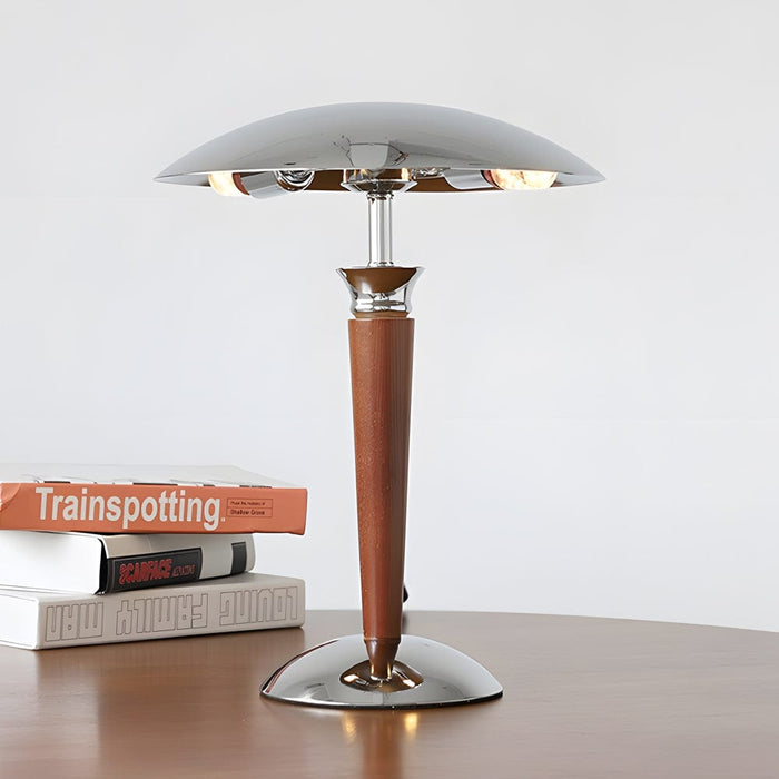Chrome Iron Vintage Mushroom Paquebot Table Lamp Wooden 3 Step Dimming Bedside Lighting