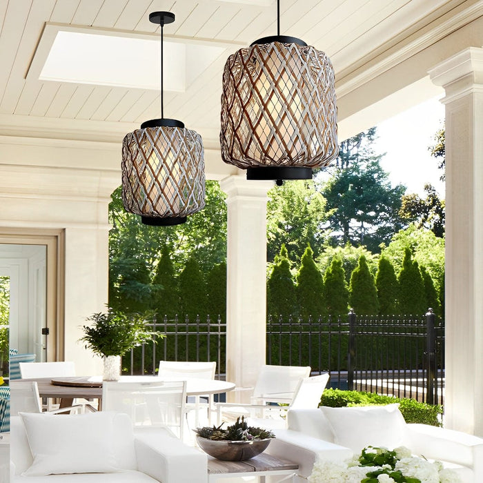Lantern Shape Rattan Iron Waterproof Modern Outdoor Chandelier Pendant Lights