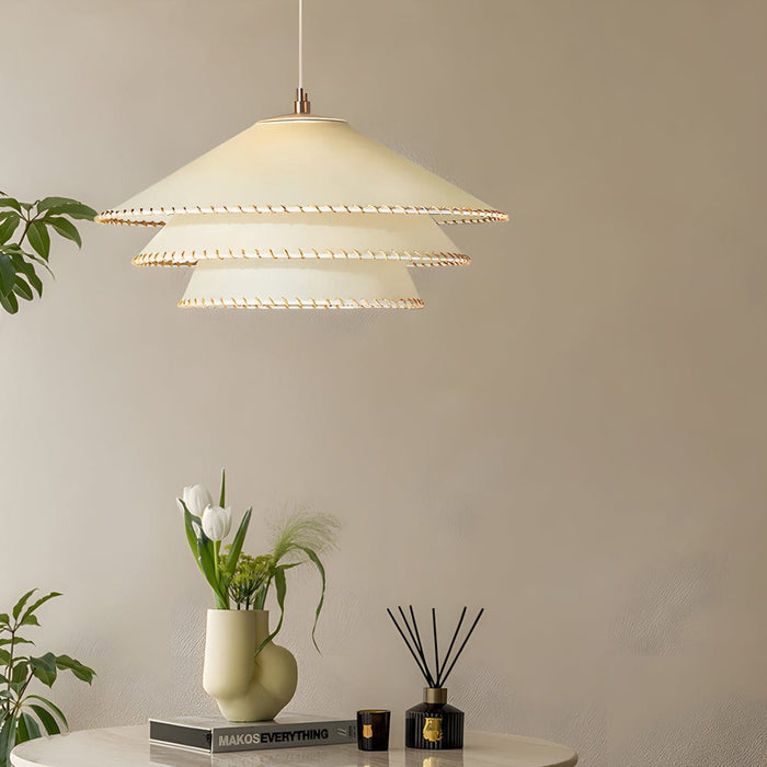 Rustic 3 Tiers Parchment Pendant Light 1-Light Hanging Lamp with Fabric Shade