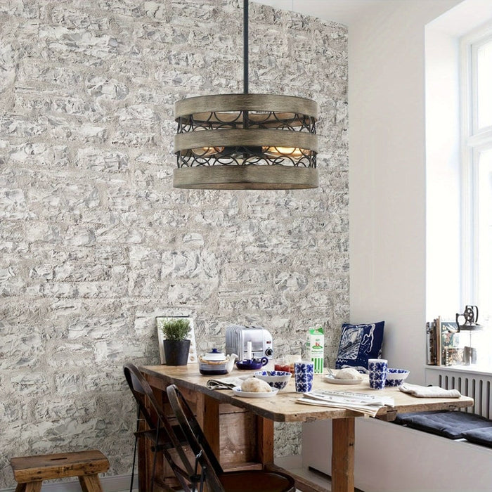 3-Light Drum Shaped Hanging Pendant Lights for Kitchen, Vintage Rustic Pendant Lights with Metal Frame ErisView