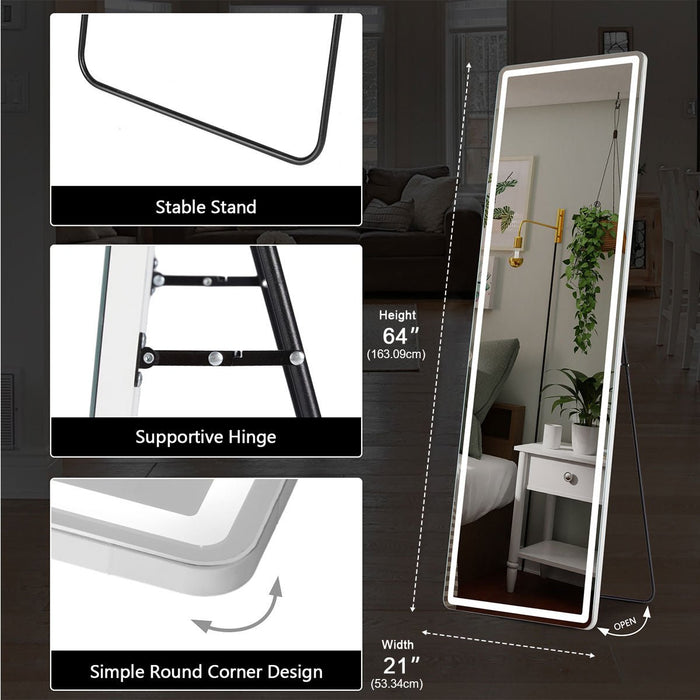 LED Lighted Full Body Mirror - Dimmable 3 Color Floor / Wall Mounted - Explosion-Proof Nano Glass