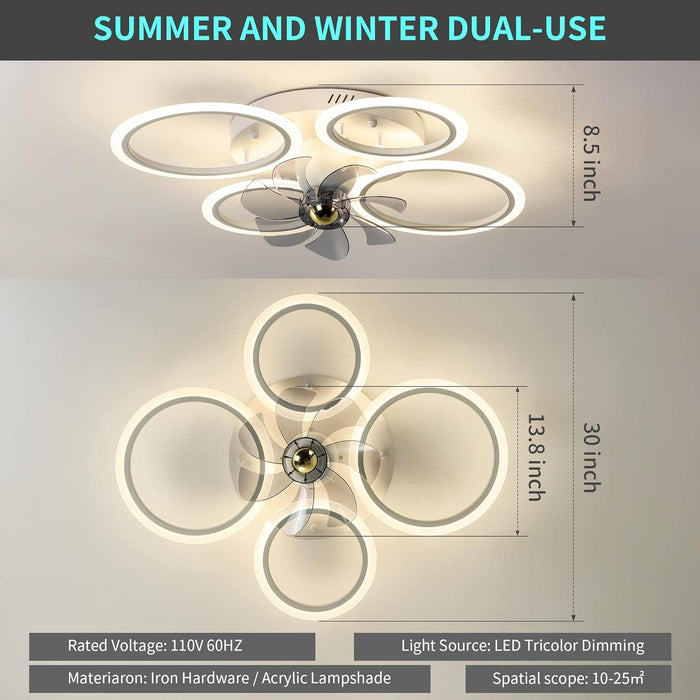 30 in. Bedroom Ceiling Fans with Lights, LED Low Profile Ceiling Fan Light Fixture with Remote, Flush Mount Bladeless Ceiling Fan for Living Room-8-ErisView