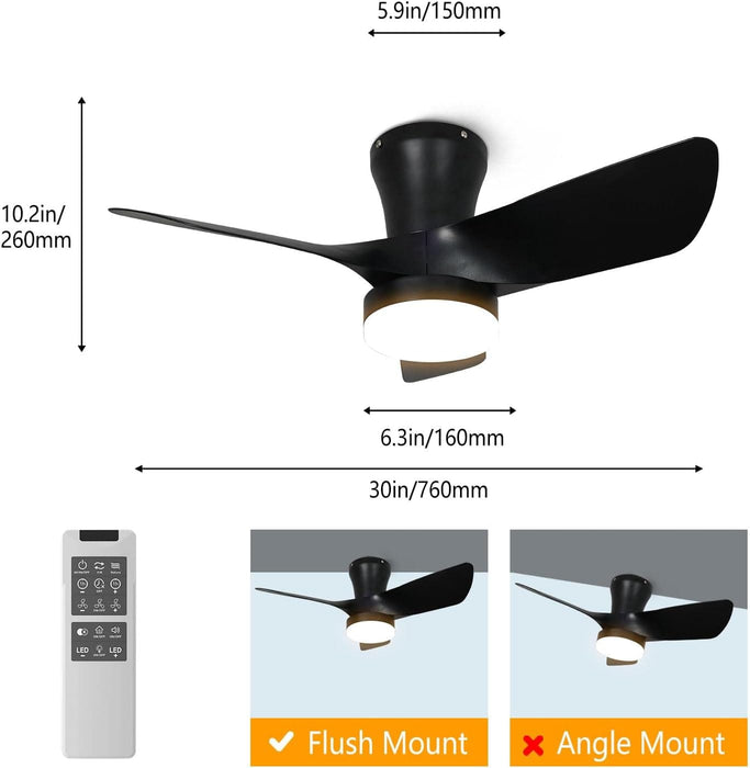 30 in. Black Low Profile Ceiling Fan with Light and Remote, Noiseless Reversible Flush Mount Outdoor Ceiling Fan with Light, Indoor Bedroom Ceiling Fans-7-ErisView