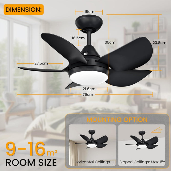 30 in. Black Remote Control Ceiling Fans, Small Ceiling Fan with Light, Bedroom Ceiling Fans with Lights, Reversible Dimmable Fan Light for Kid Room-6-ErisView