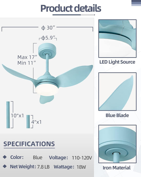 30 in. Blue Ceiling Fans with Lights and Remote, LED Indoor Outdoor Ceiling Fans with 3 Reversible Blades-5-ErisView