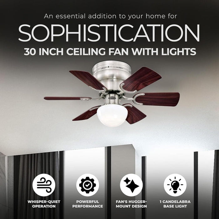 30 in. Brushed Nickel Ceiling Fan with Bowl Light Kit and Candelabra Base Light Bulb, -2-ErisView