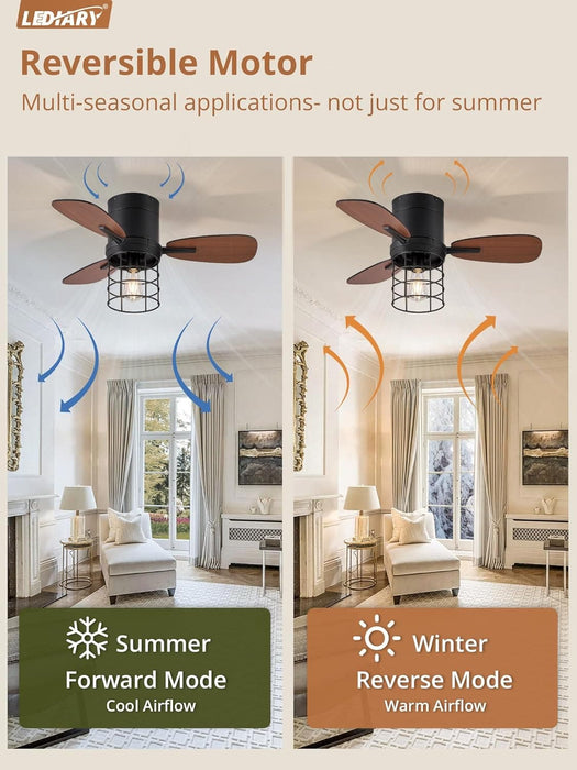 30 in. Caged Small Low Profile Ceiling Fan with Remote Control, Farmhouse Flush Mount Ceiling Fan with Lights, Reversible Ceiling Fan Winter Summer -2-ErisView
