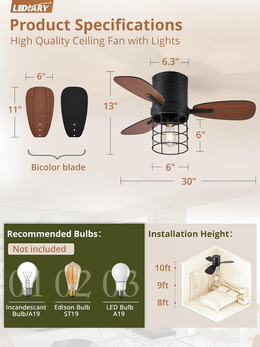 30 in. Caged Small Low Profile Ceiling Fan with Remote Control, Farmhouse Flush Mount Ceiling Fan with Lights, Reversible Ceiling Fan Winter Summer -3-ErisView