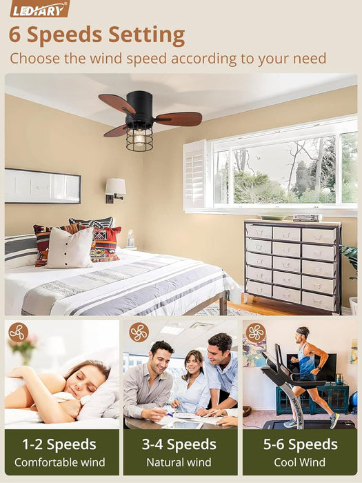 30 in. Caged Small Low Profile Ceiling Fan with Remote Control, Farmhouse Flush Mount Ceiling Fan with Lights, Reversible Ceiling Fan Winter Summer -6-ErisView