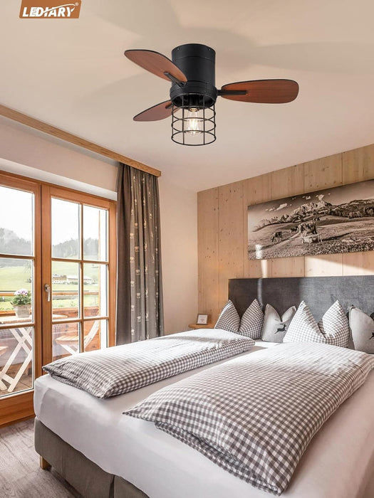 30 in. Caged Small Low Profile Ceiling Fan with Remote Control, Farmhouse Flush Mount Ceiling Fan with Lights, Reversible Ceiling Fan Winter Summer -7-ErisView