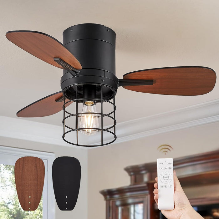 30 in. Caged Small Low Profile Ceiling Fan with Remote Control, Farmhouse Flush Mount Ceiling Fan with Lights, Reversible Ceiling Fan Winter Summer -1-ErisView