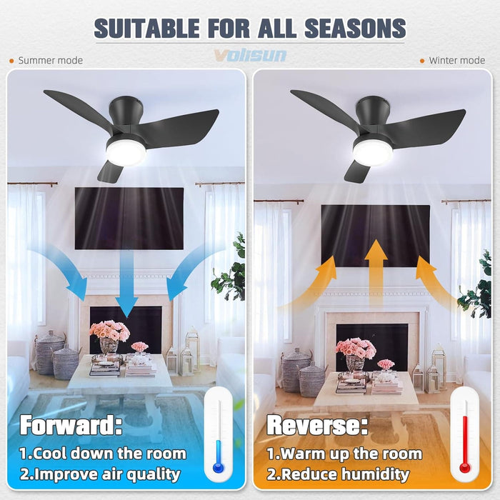 30 in. Flush Mount Ceiling Fan and Light, Small Ceiling Fan with Lights Remote, Black Modern Dimmable Low Profile Ceiling Fan for Bedroom Living Room -4-ErisView