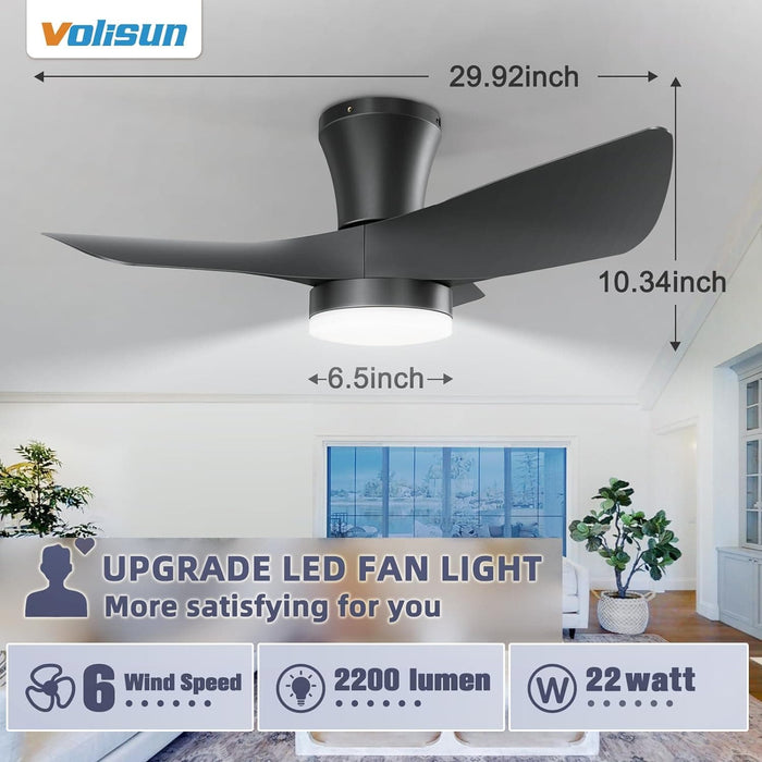 30 in. Flush Mount Ceiling Fan and Light, Small Ceiling Fan with Lights Remote, Black Modern Dimmable Low Profile Ceiling Fan for Bedroom Living Room -6-ErisView