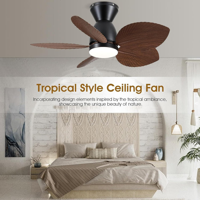 30 in. Indoor Outdoor Ceiling Fan with Light, Tropical Ceiling fan with Remote APP Control, Flush Mount Palm Leaf Ceiling Fan for Bedroom Kitchen-2-ErisView