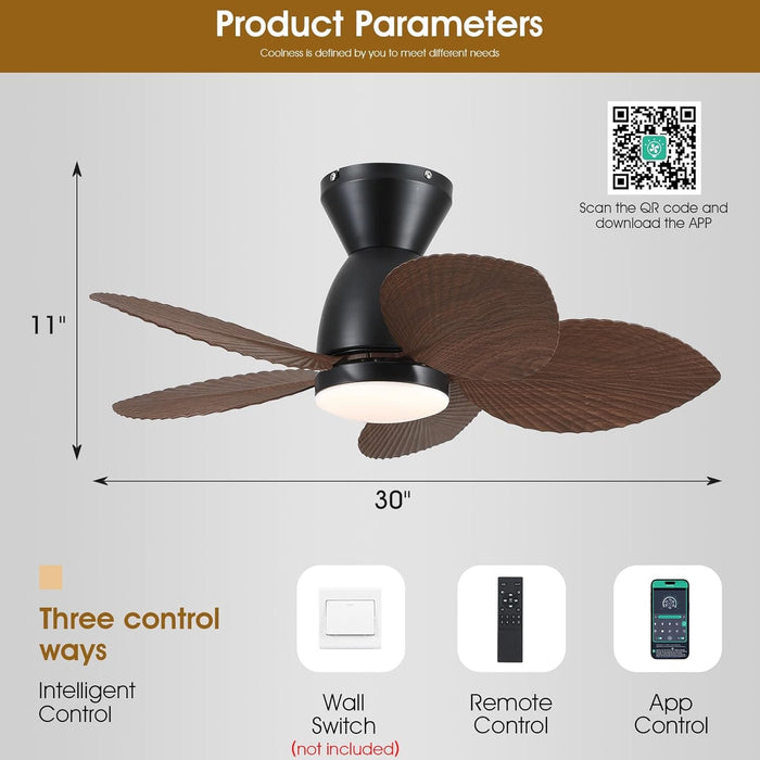 30 in. Indoor Outdoor Ceiling Fan with Light, Tropical Ceiling fan with Remote APP Control, Flush Mount Palm Leaf Ceiling Fan for Bedroom Kitchen-9-ErisView