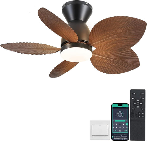 30 in. Indoor Outdoor Ceiling Fan with Light, Tropical Ceiling fan with Remote APP Control, Flush Mount Palm Leaf Ceiling Fan for Bedroom Kitchen-1-ErisView