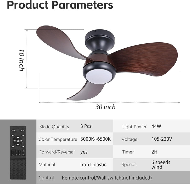30 in. Low Profile Ceiling Fan with Light and Remote, Flush Mount LED Ceiling Fan and Light, Reversible Ceiling Fan for Bedroom Living Room Dining Room-3-ErisView